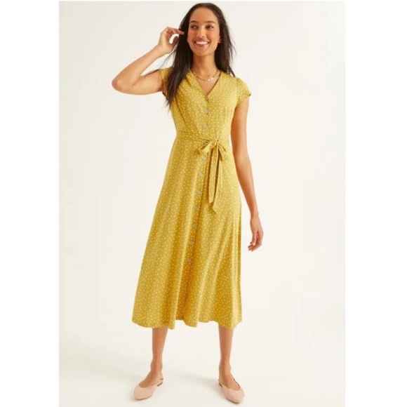 Boden Frances Jersey Midi Dress Yellow Polka Dot Size 12 - Picture 1 of 14